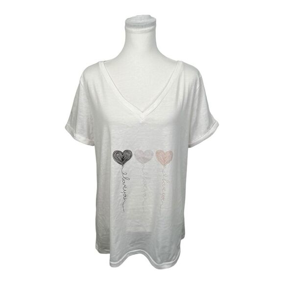 Sheilay Size XXL Women T Shirt Cute Heart Pattern Love You V Neck Top Short Slvs - Picture 1 of 9